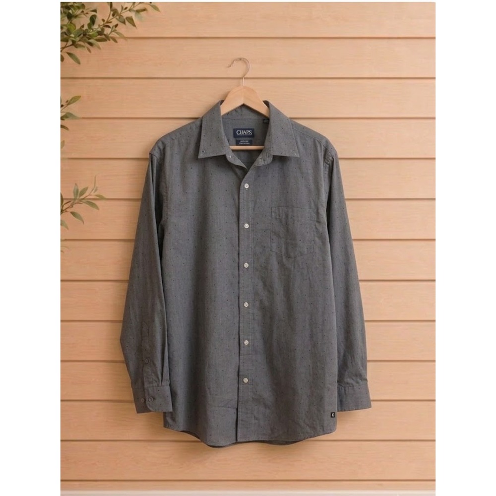 Chaps Men Button Down Shirt XL Grey Micro Dot Stretch Long Sleeve Easy Care Mens